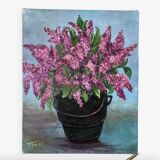 Oil painting on canvas bouquet of vintage lilac flowers signed