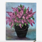 Oil painting on canvas bouquet of vintage lilac flowers signed