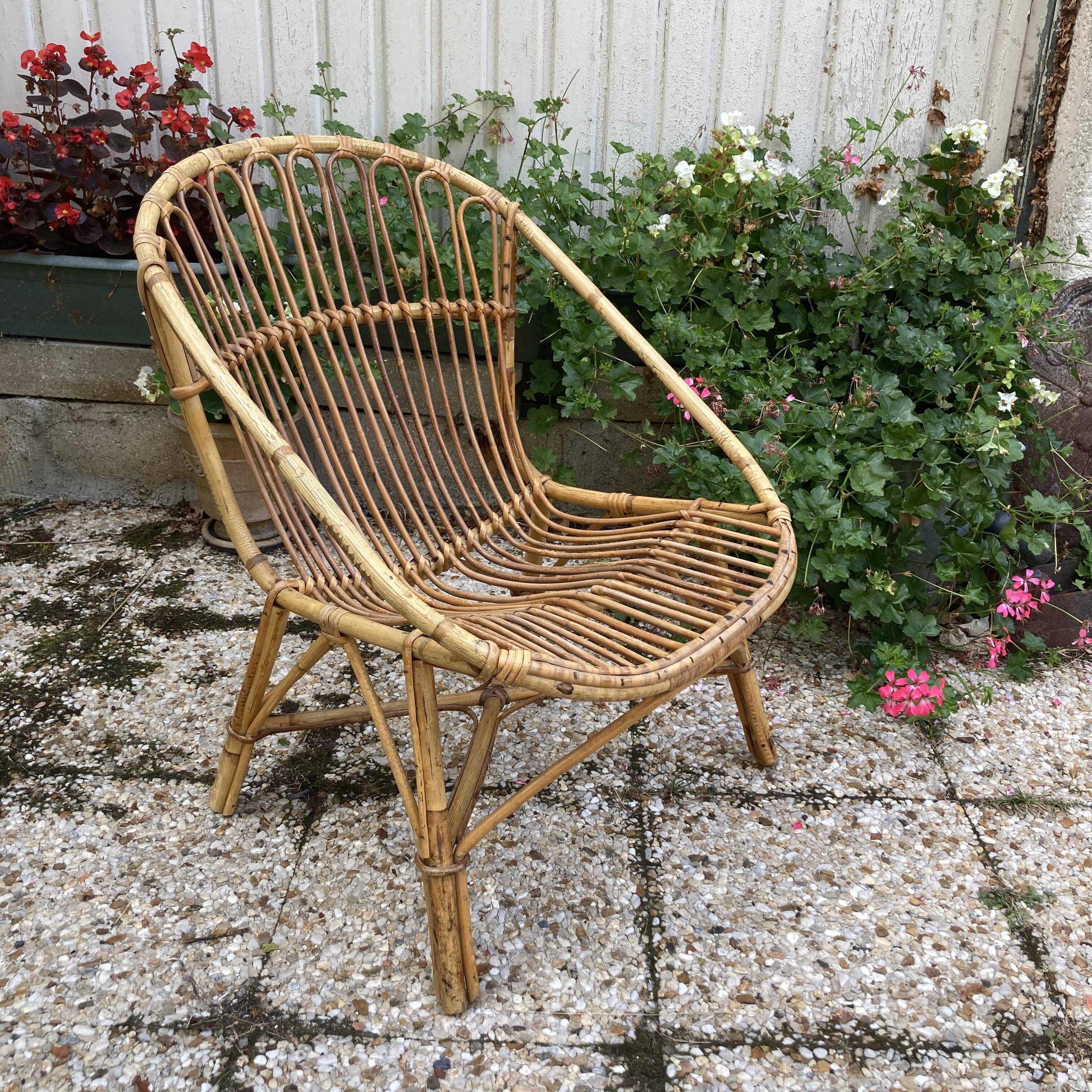Set of 3 vintage rattan armchairs
