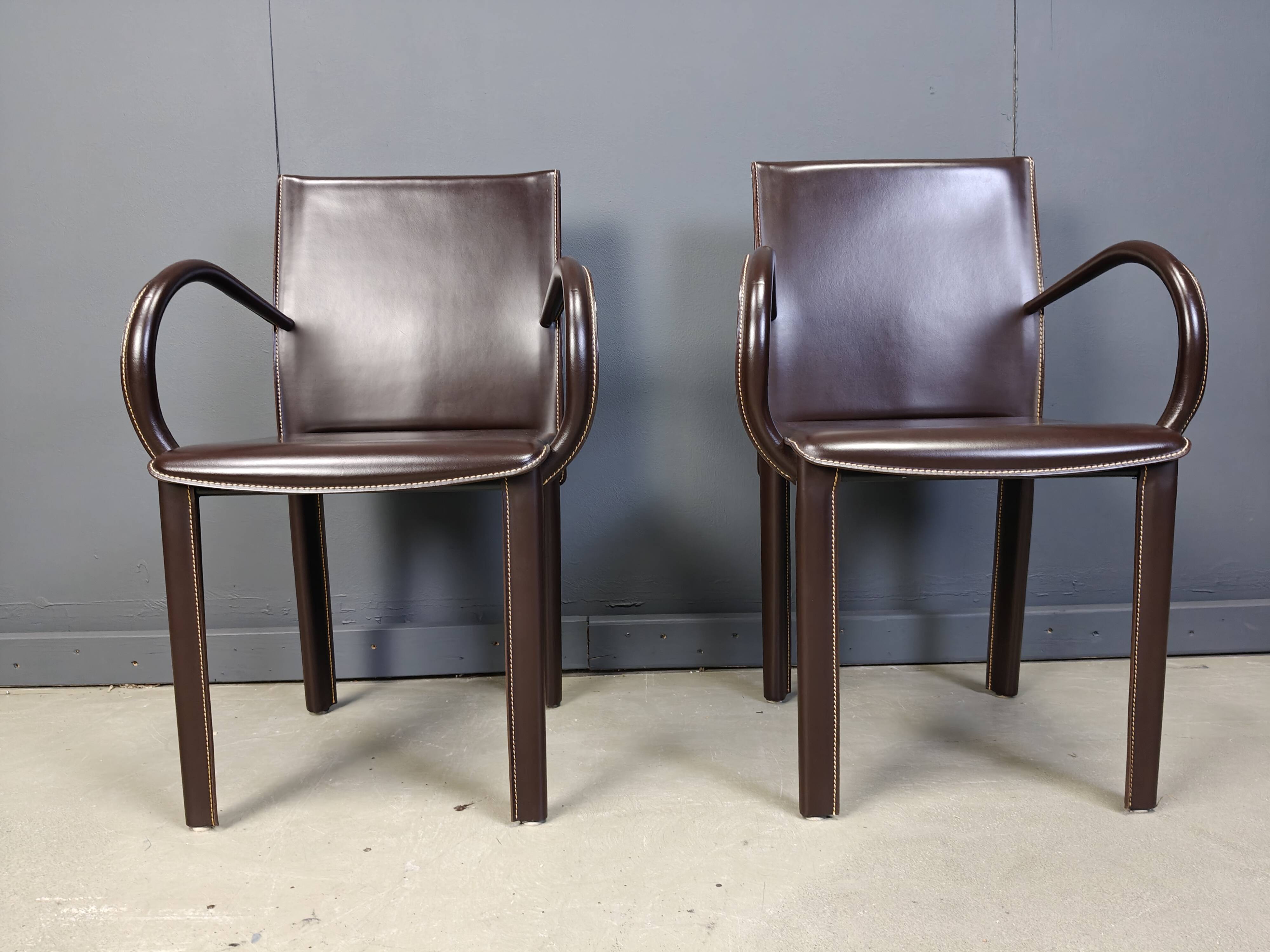 Pair of brown leather armchairs by Arper italy, 1980s