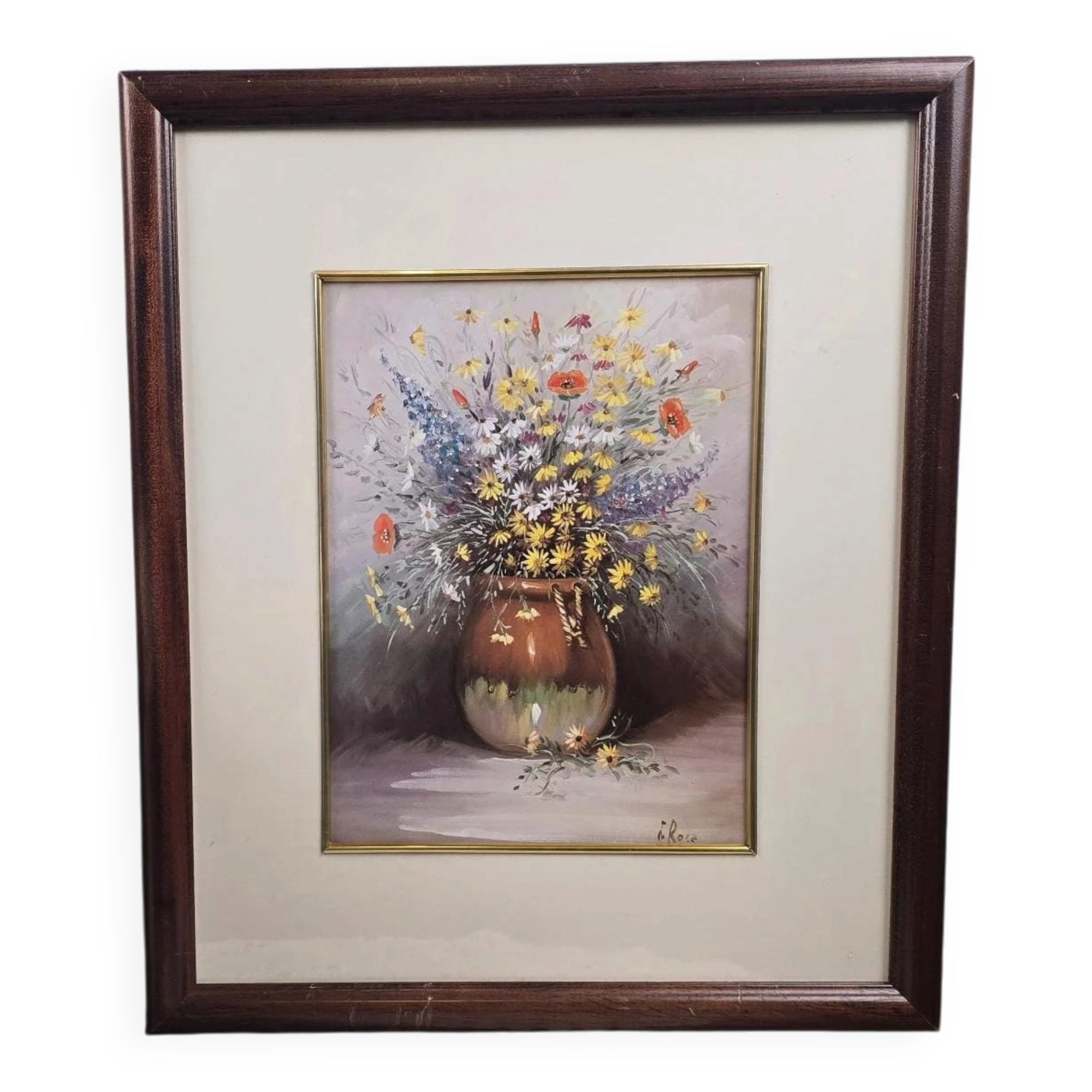 Vintage frame bouquet of flowers signed Roca – Decorative print under glass