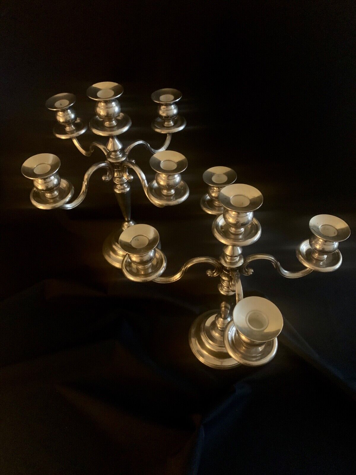 2 candlesticks, candelabras, silver metal, 5 flames, 37 cm