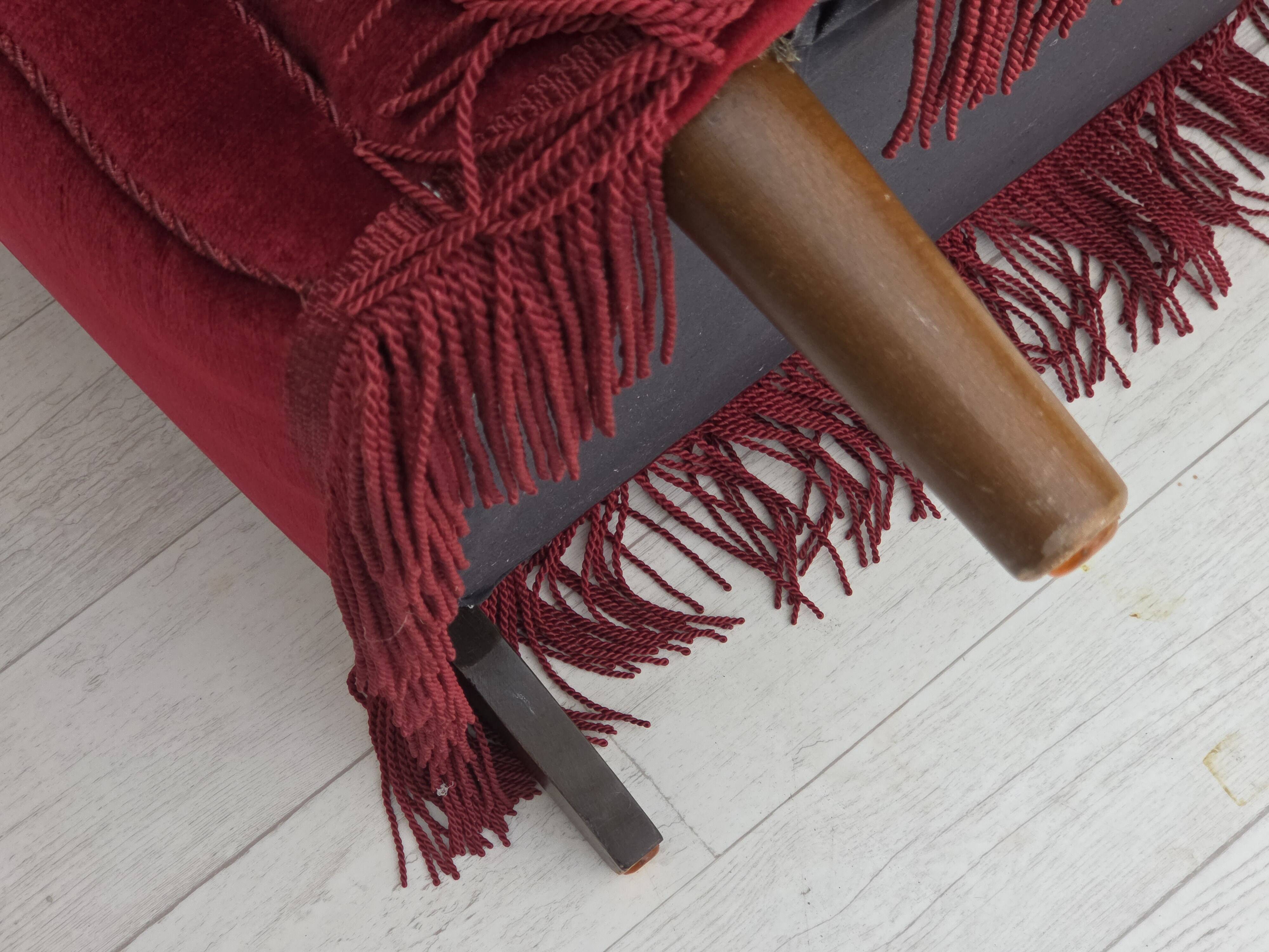 1960s, Danish 3-seater curved sofa, red furniture velour