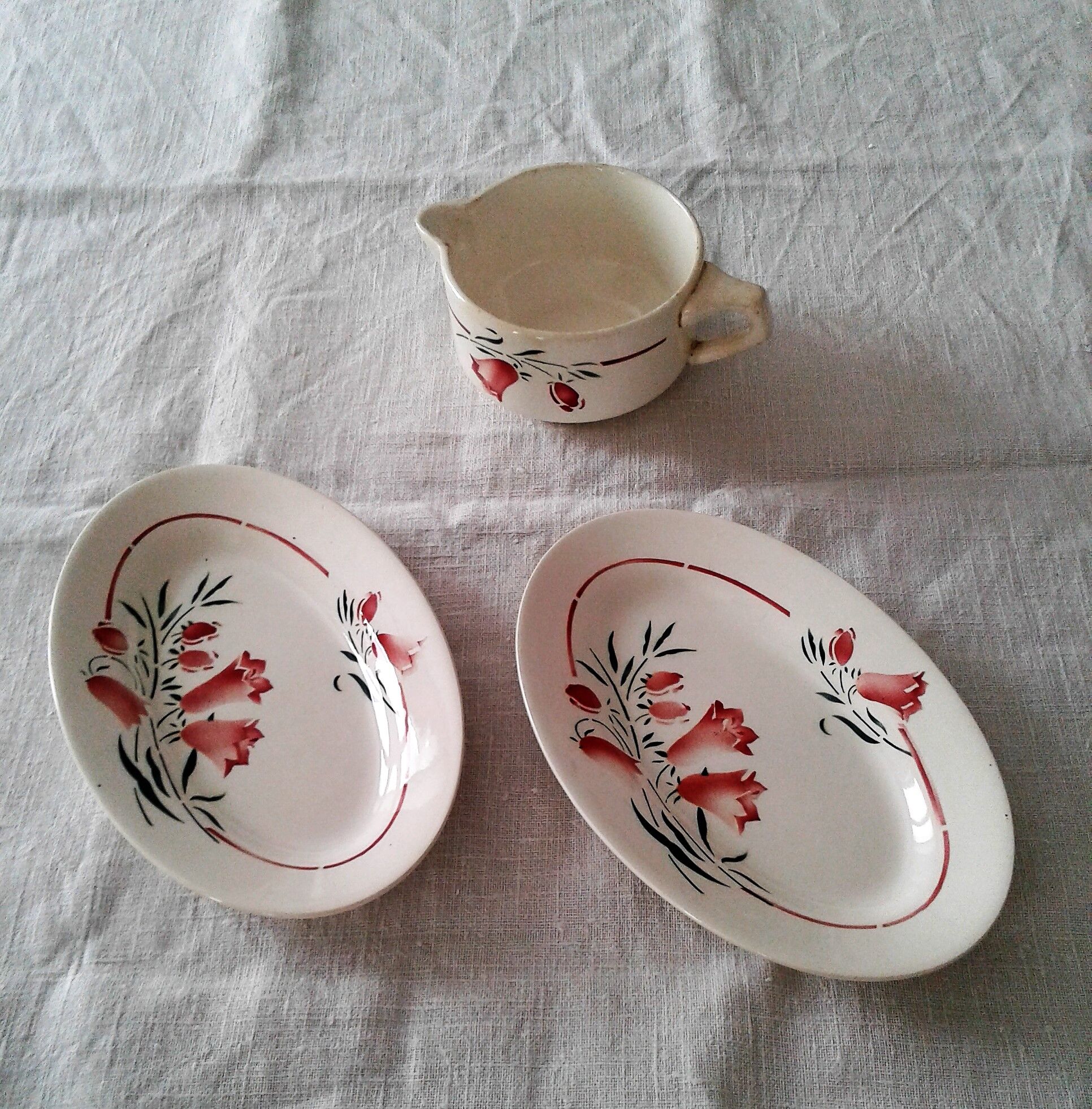 Set of two dishes and a large cup or saucer pattern of bluebells Saint-Amand