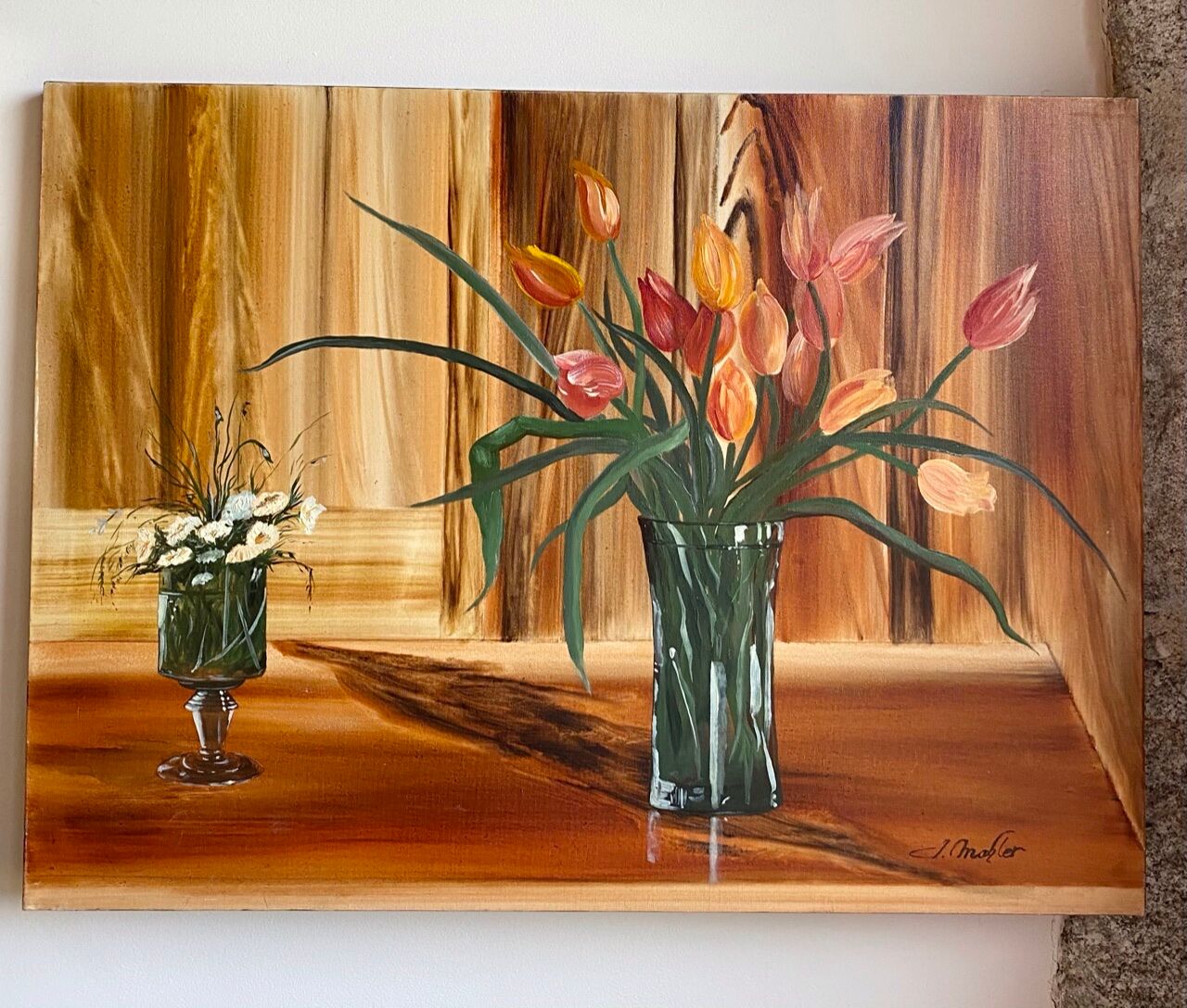 Ancient painting, still life with flowery vase and glass, signed,XX century