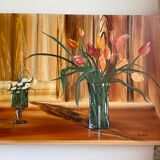 Tableau ancien, nature morte au vase et verre fleuris, signé,XX siècle