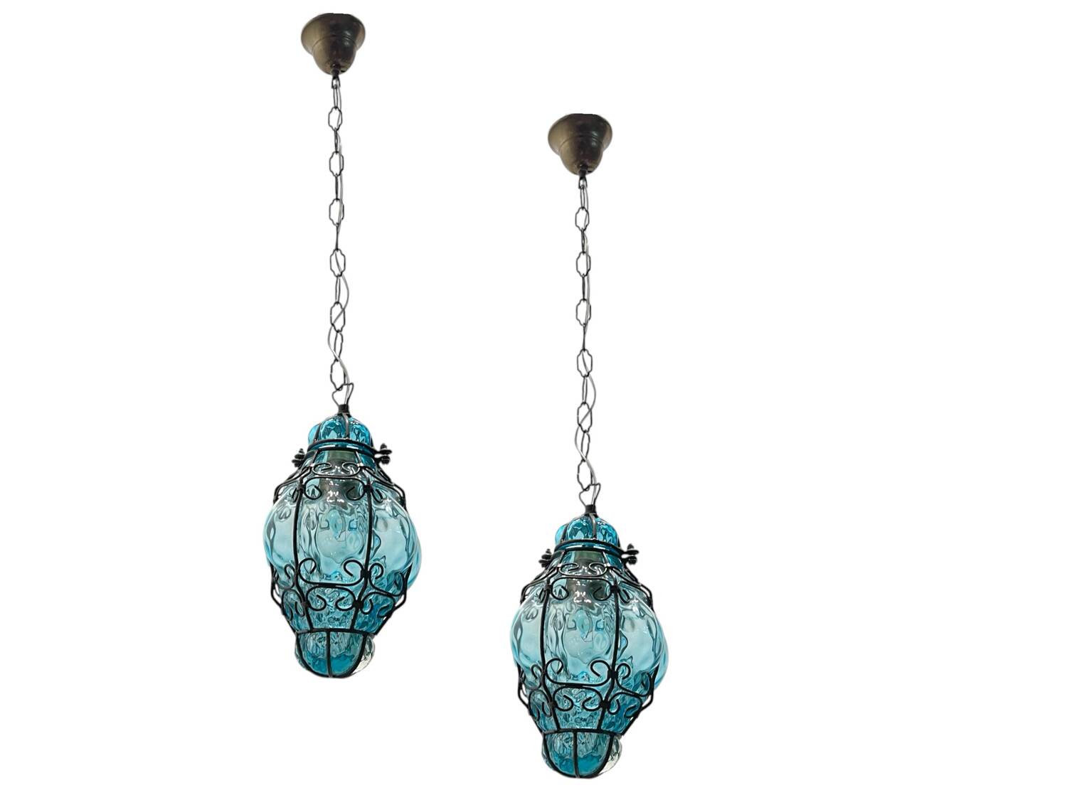 Blue Wrought Iron Murano Glass Light Pendants Set of 2
