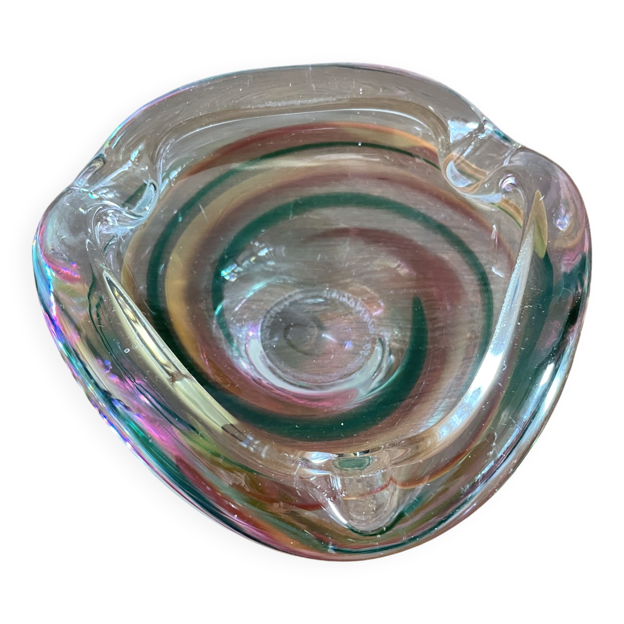 Clear with a soft coloured swirl pattern, round, glass ashtray