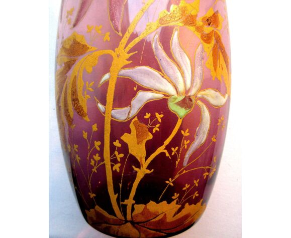 Art nouveau Legras vase, parma purple enamel glass, dahlia and herbs |  Selency