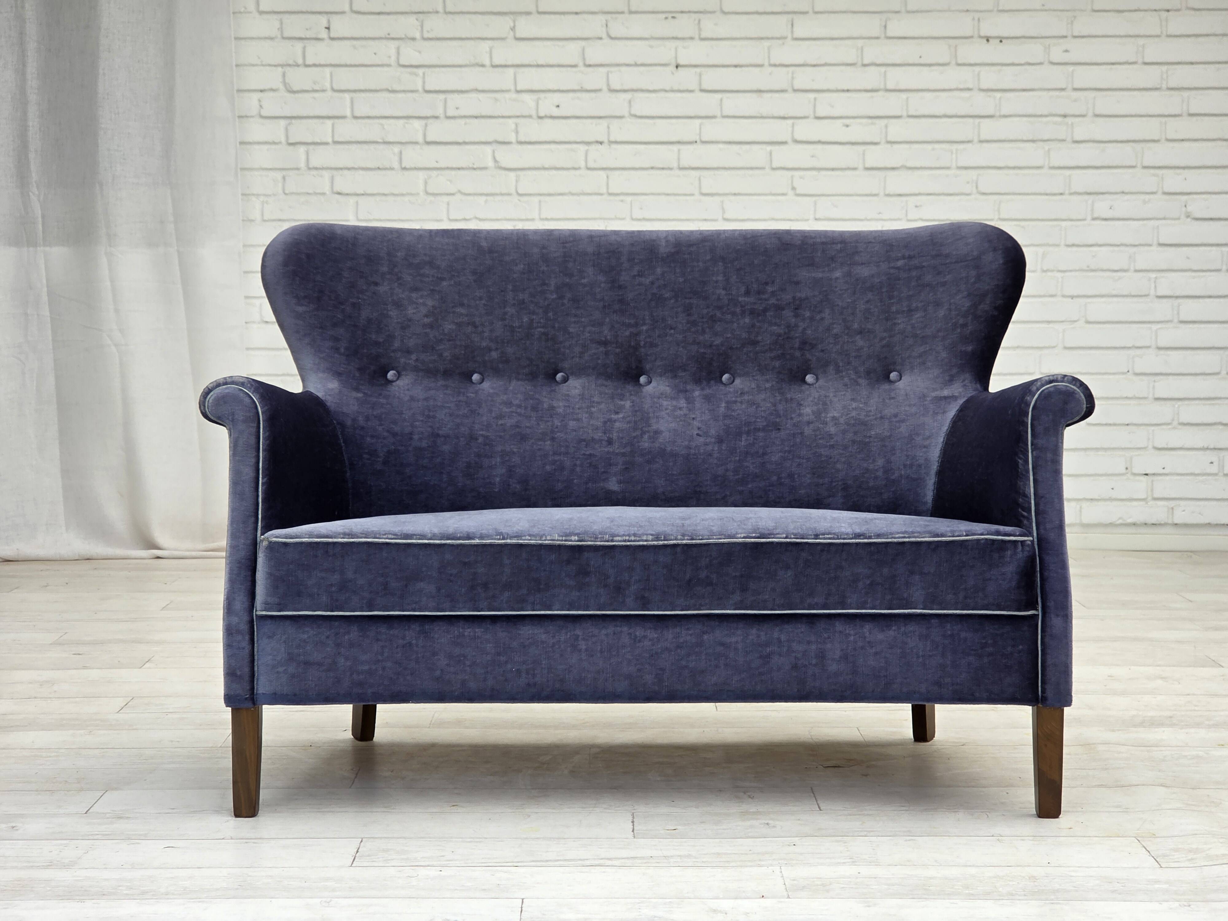 1960s, Danish 2-seater sofa, original blue furniture velour, beech wood.