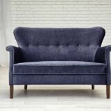 1960s, Danish 2-seater sofa, original blue furniture velour, beech wood.