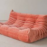 Coral corduroy Togo three-seat sofa by Michel Ducaroy for Ligne Roset