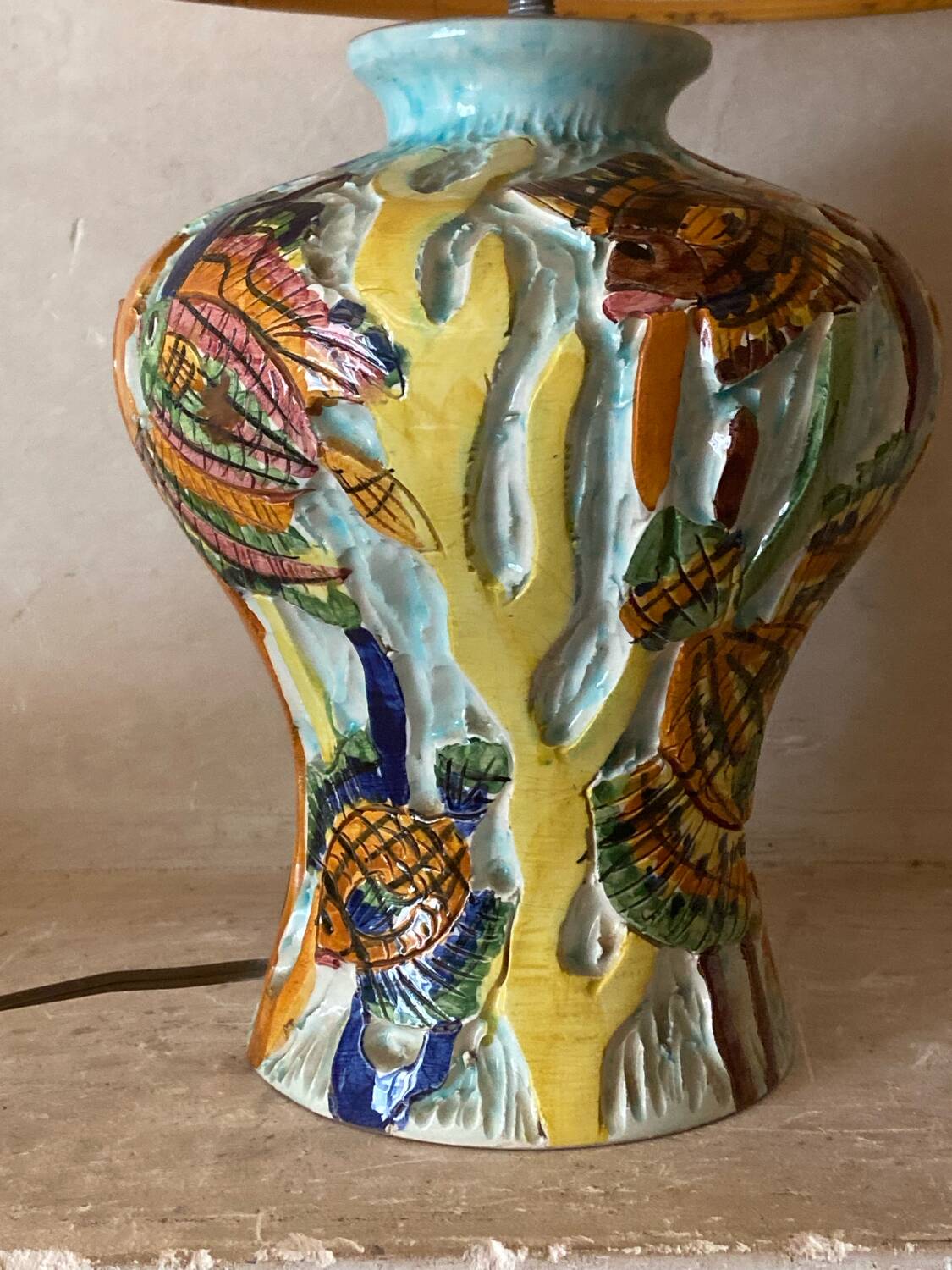 Ceramic lamp signed Claude Pruffert – Vallauris, marine decor in relief