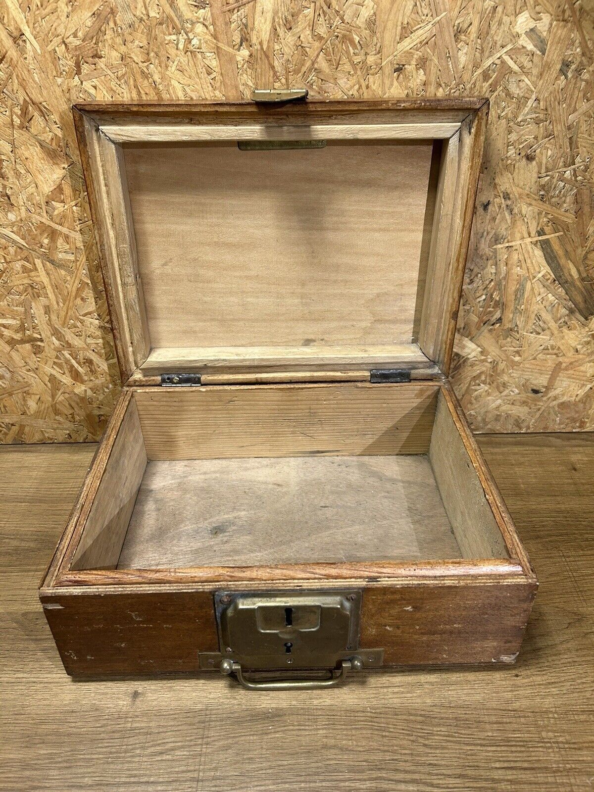 Old wood and brass box, decoration loft workshop, furniture of trades
