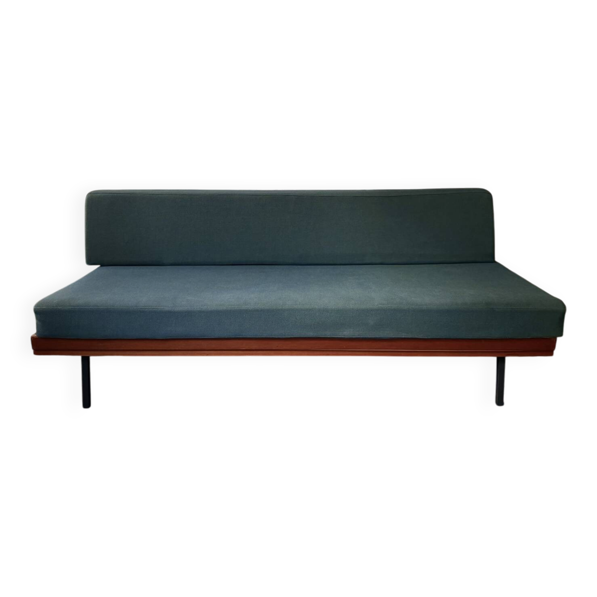 Vintage wooden sofa – modernist design, green mottled fabric