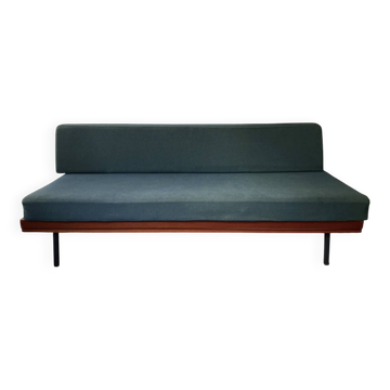 Vintage wooden sofa – modernist design, green patterned fabric