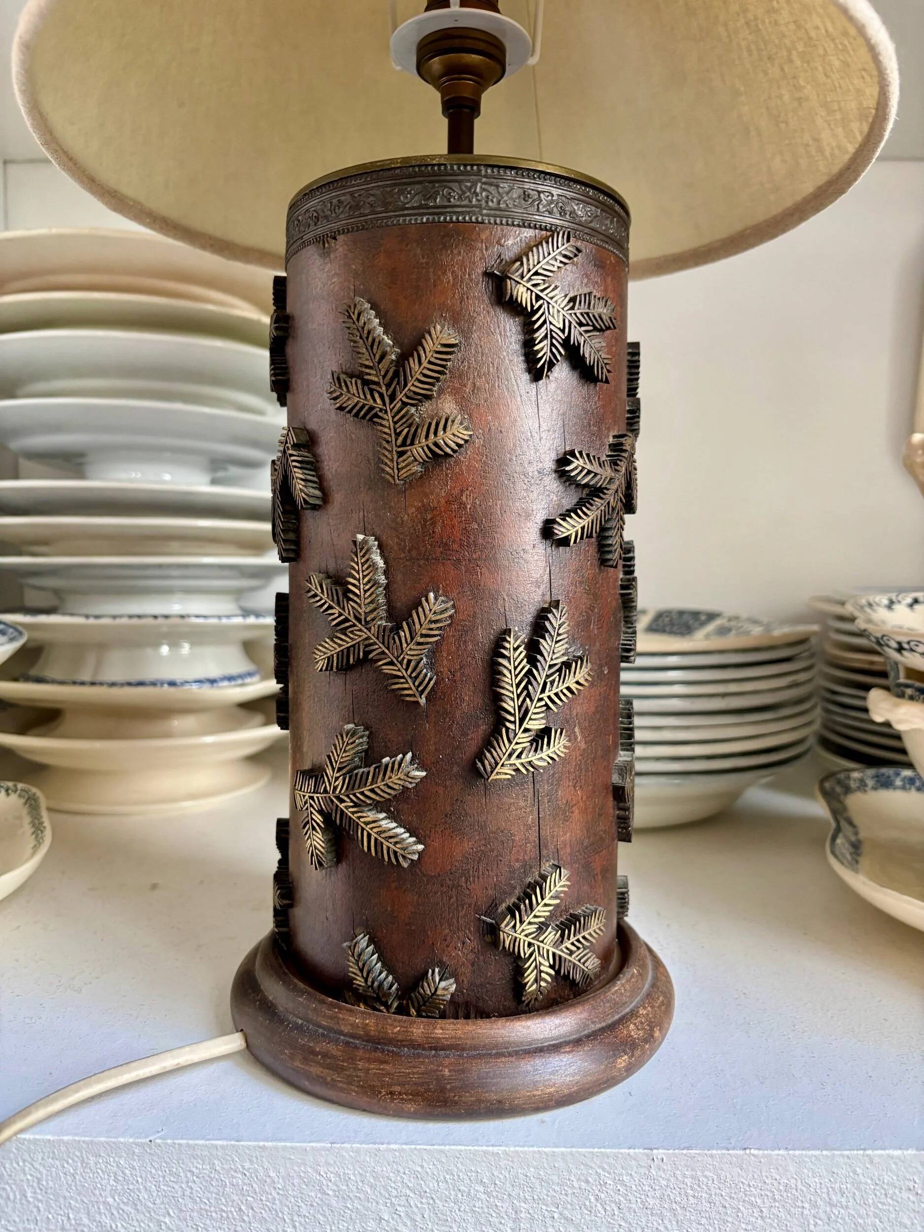 Dark wood and beige cotton block print table lamp