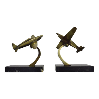 Pair of flying aircraft bookends in art deco bronze