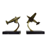 Pair of flying aircraft bookends in art deco bronze