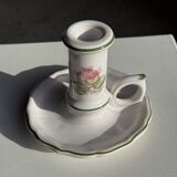 Small vintage hand-held candlestick in earthenware with green trim and floral decoration H10.5