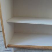 Vintage oak veneer bookcase, pearl gray interior, metal legs