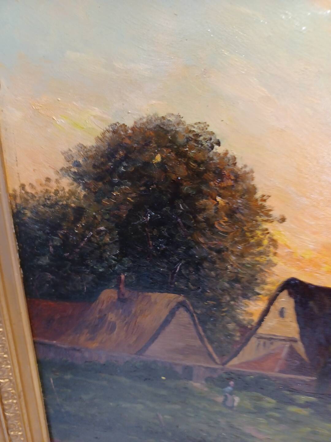 Large painting by Henry Jacques Delpy, Banks of the Seine at Dusk. Early 20th century.