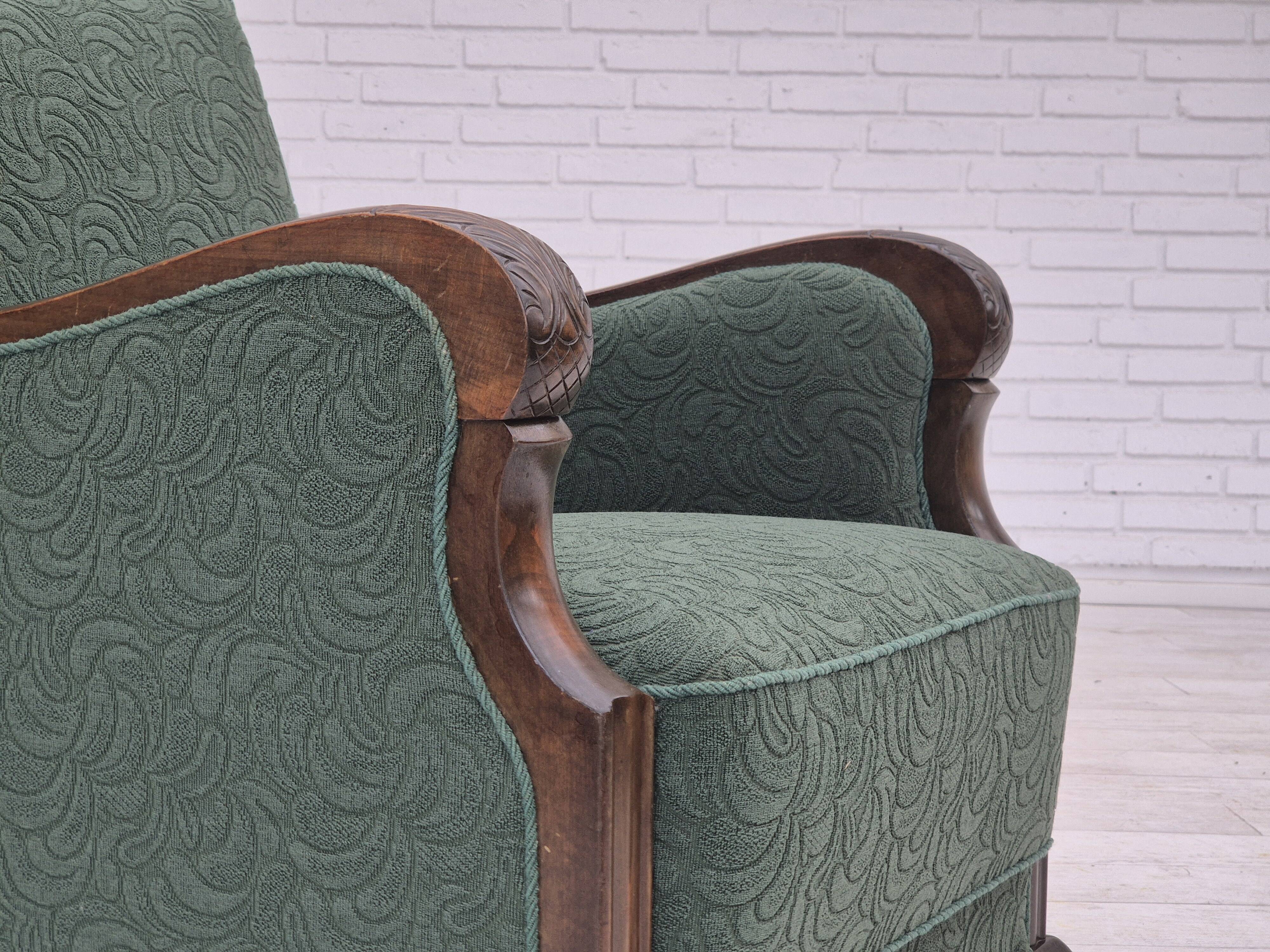 1950s, Danish relax chair, green furniture blend wool fabric, beech wood.