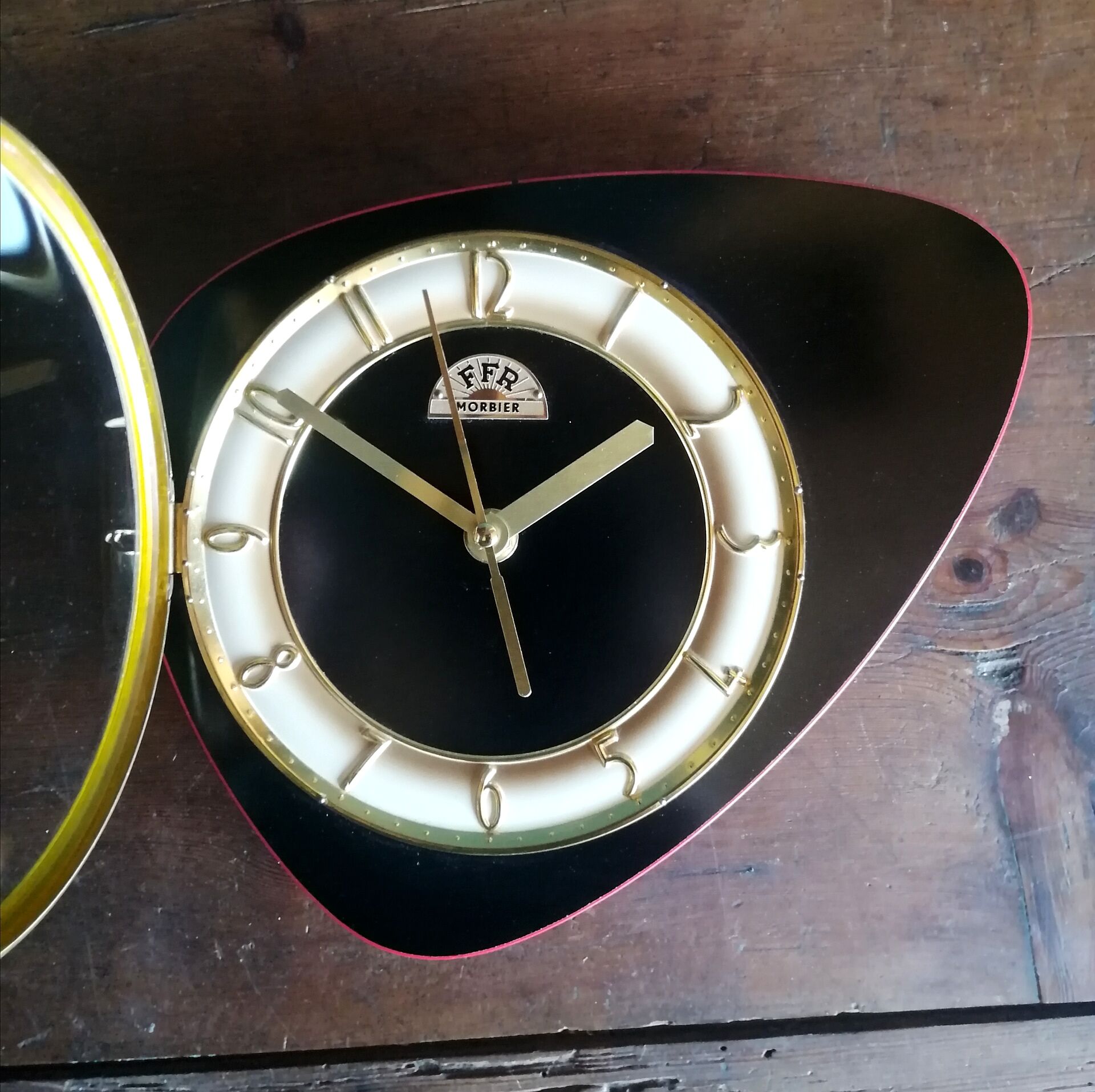 Vintage clock, wall clock "FFR Morbier red and black"