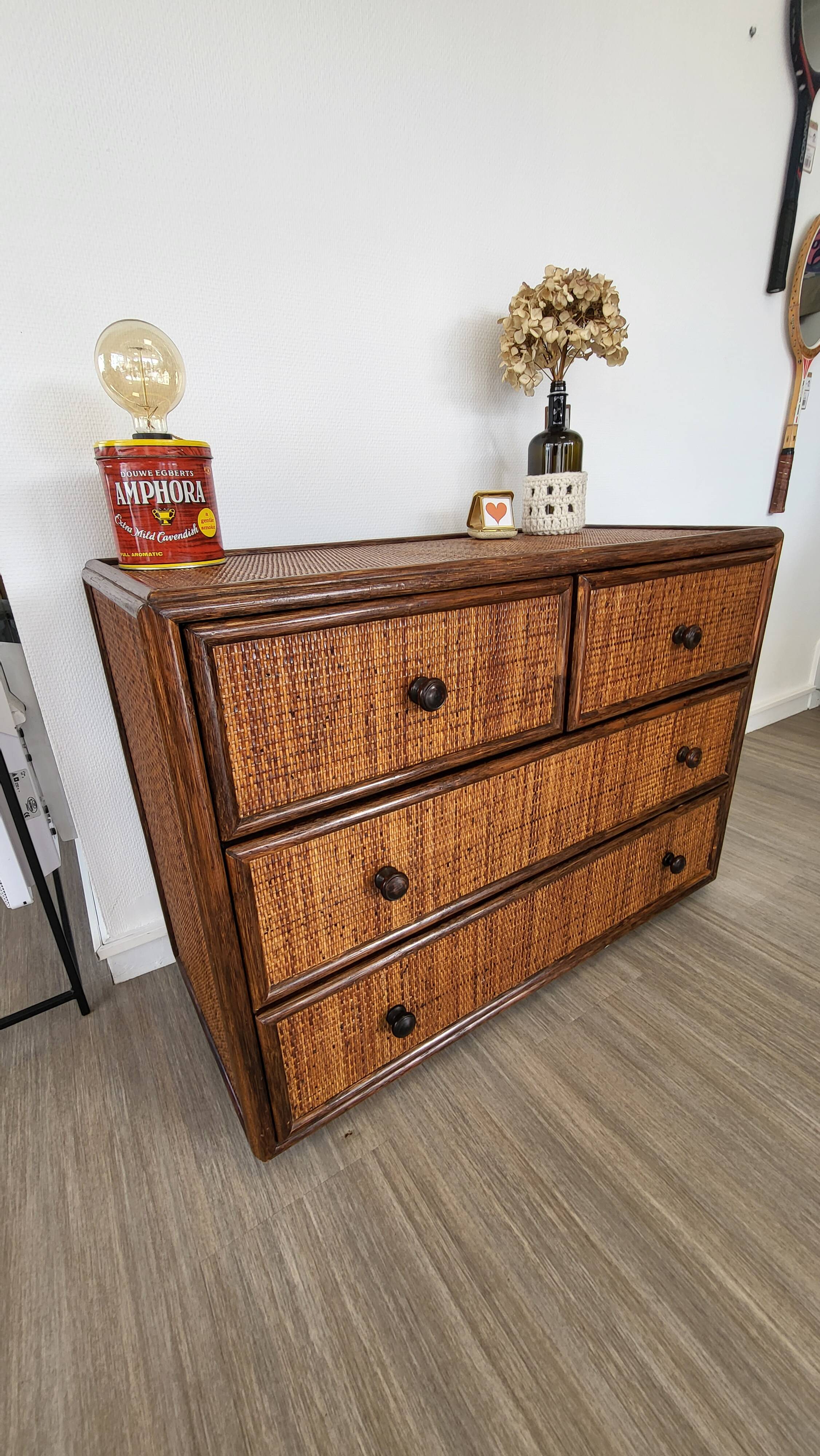 Rattan and solid wood chest of drawers
