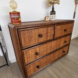 Rattan and solid wood chest of drawers