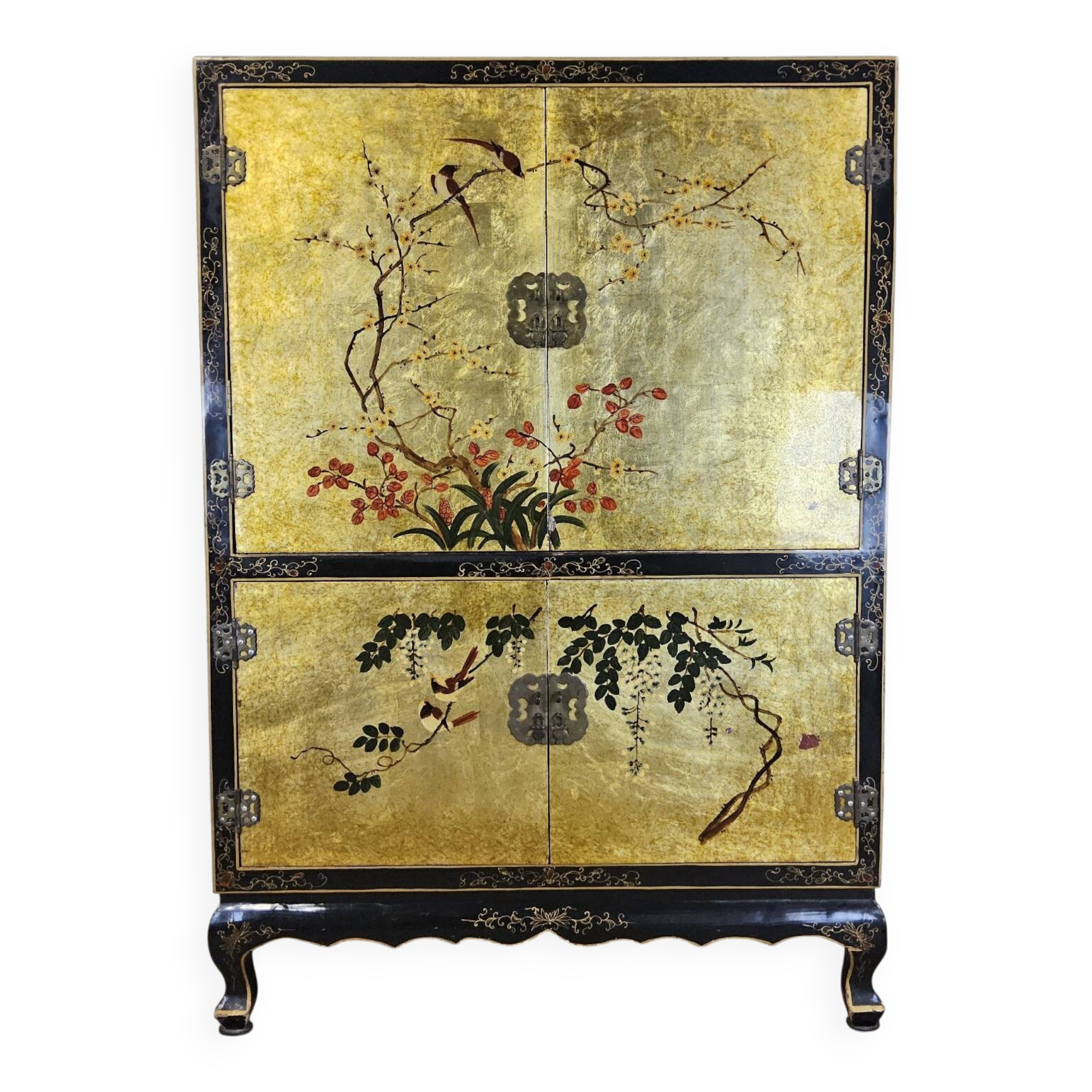 Vintage Chinese cabinet gold leaf / flowers and birds / bohemian