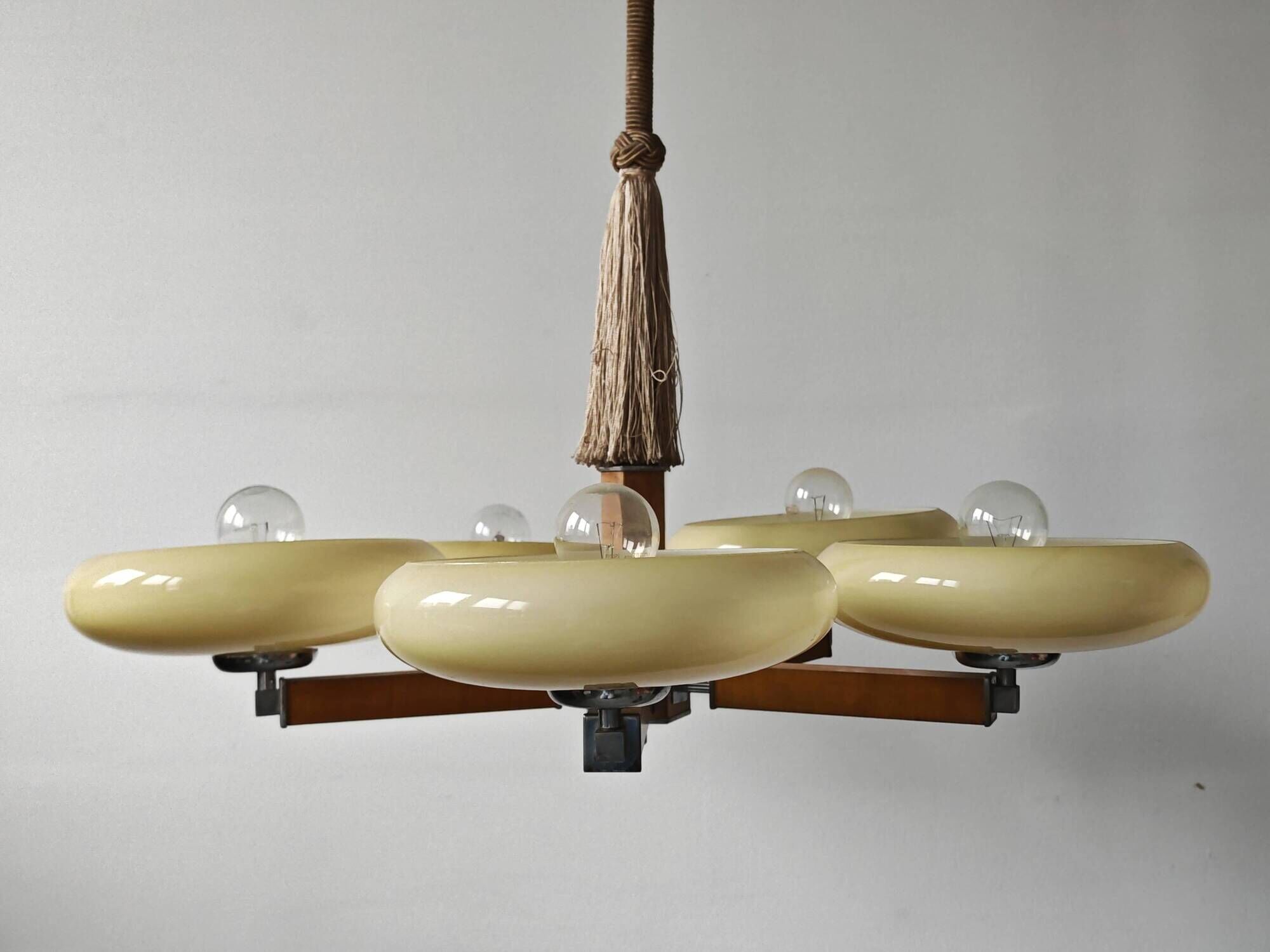 Art Deco Chandelier with 5 Arms and Round Shades from the 1930s