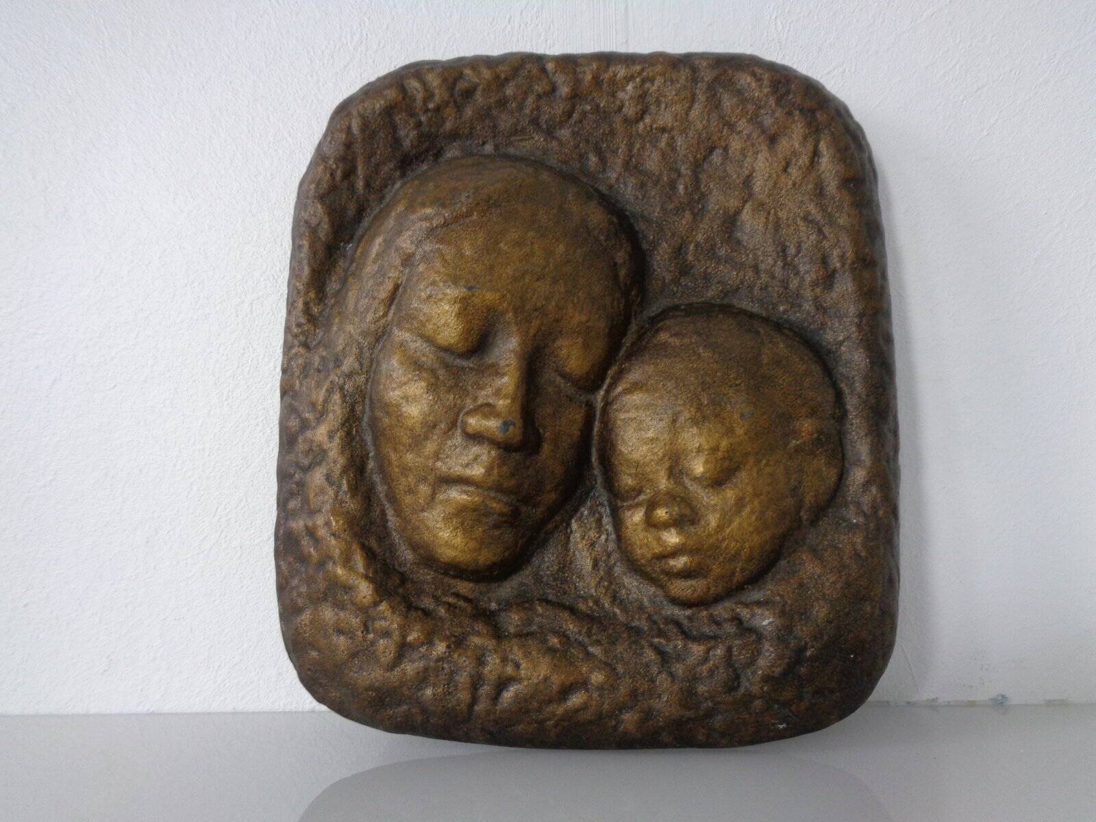 German bronze relief of mother with baby, 1940s.