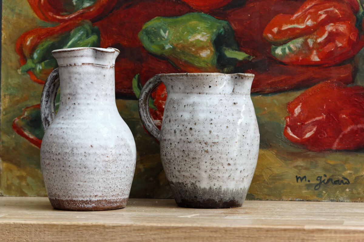 Pair of glazed terracotta pitchers