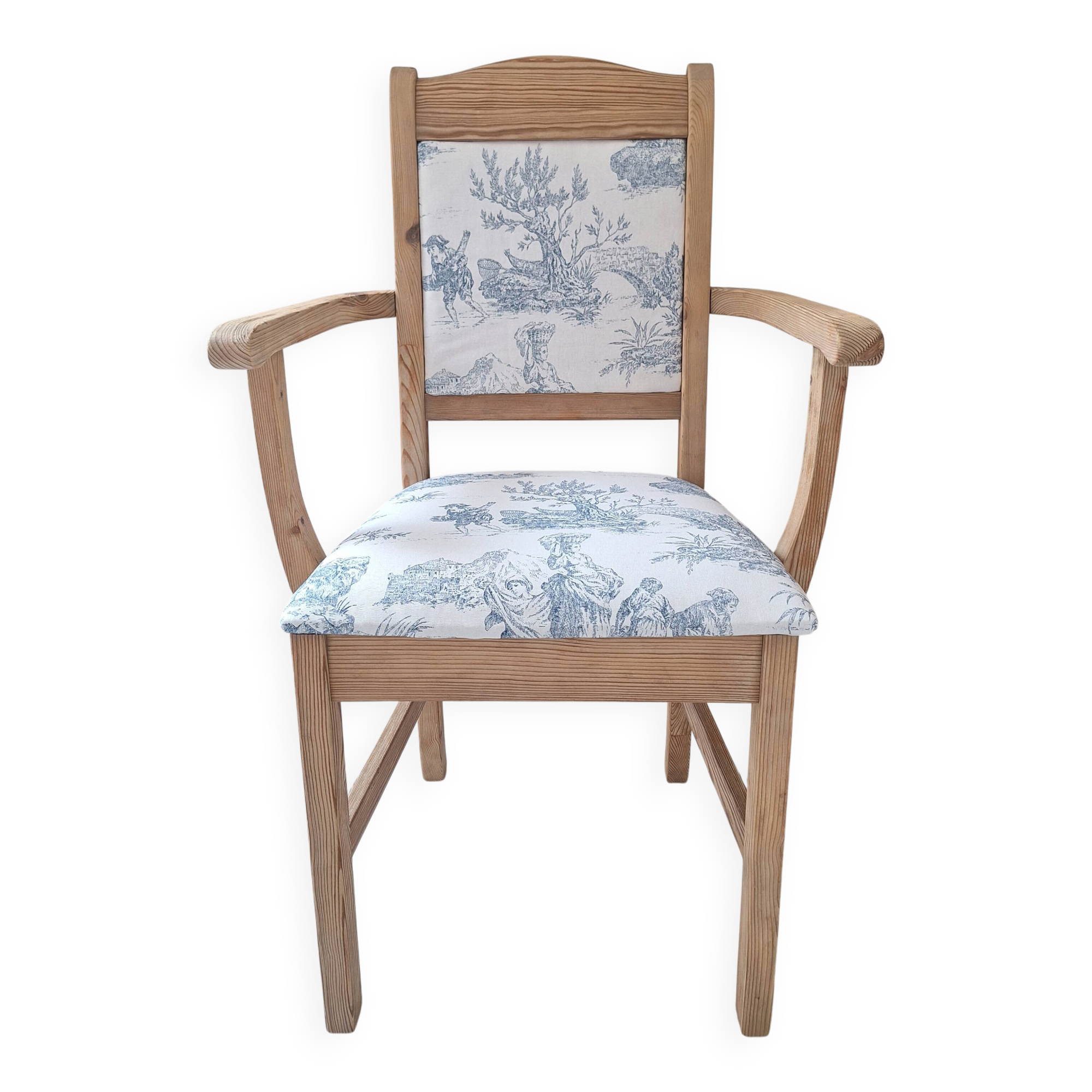 Chair / Armchair in solid wood and blue toile de Jouy