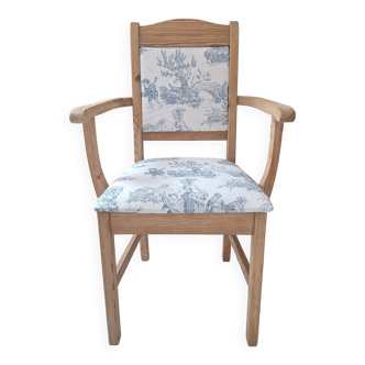 Chair / Armchair in solid wood and blue toile de Jouy