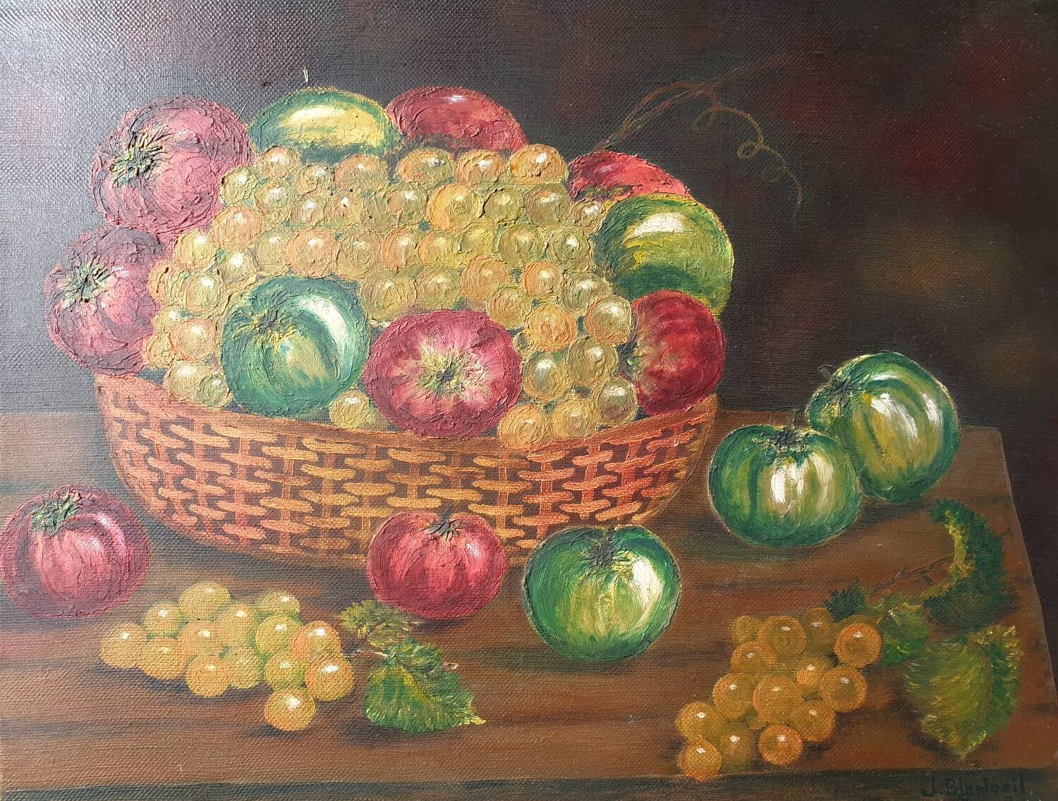 Fruit basket painting with apples and grapes signed Blanloeil.