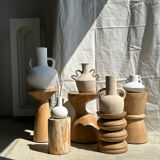 Handcrafted terracotta vase painted white with double handles h:40 d:30
