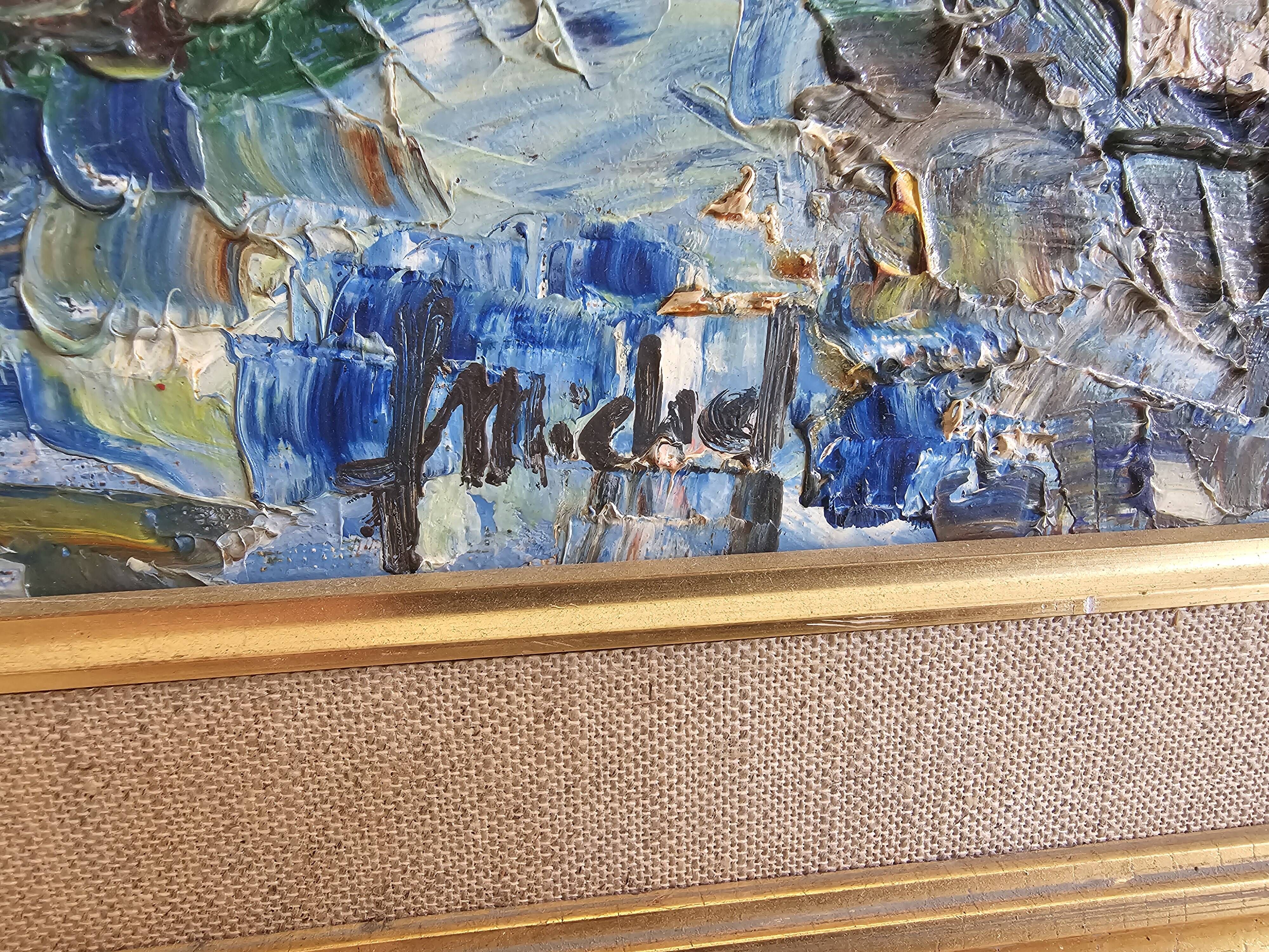 Oil painting on canvas Landscape - Port of Martigues signed Michel 1961