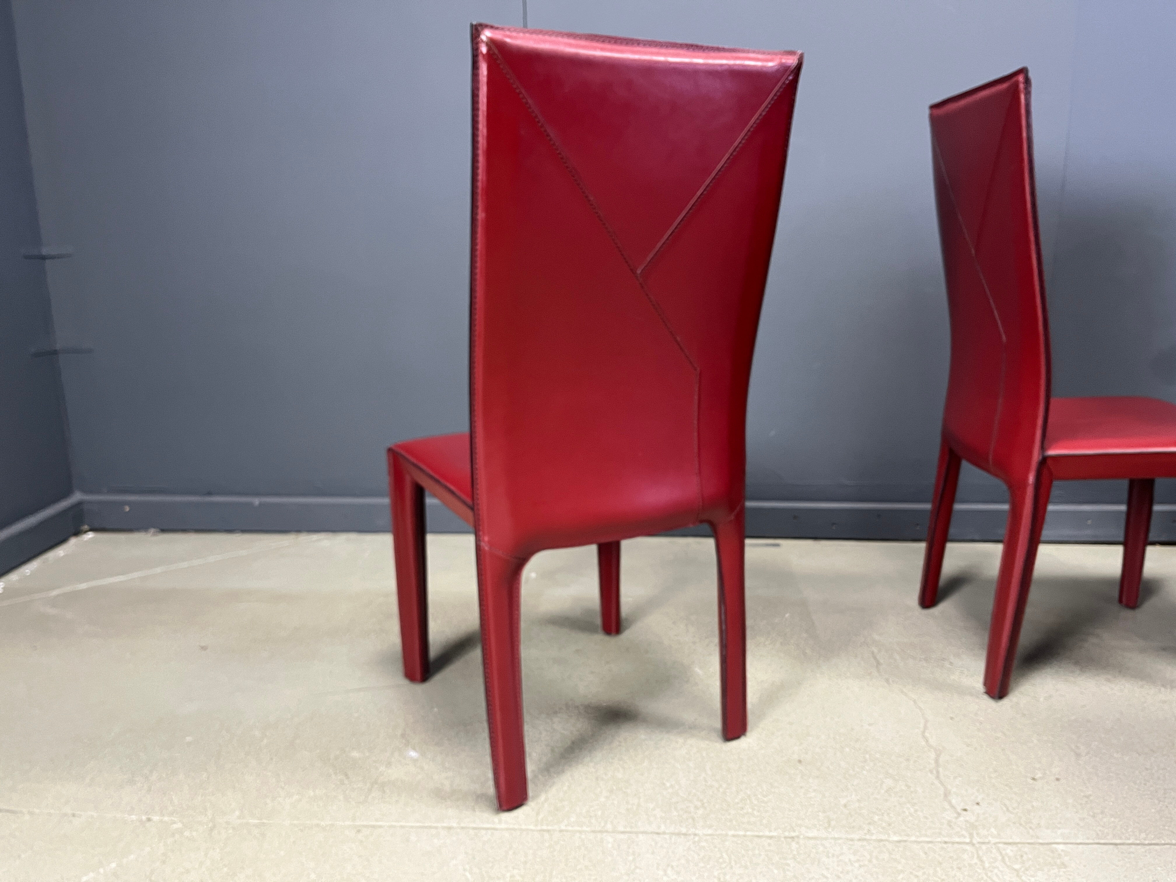 Red leather dining chairs by Roche Bobois France, 1980s - set of 8