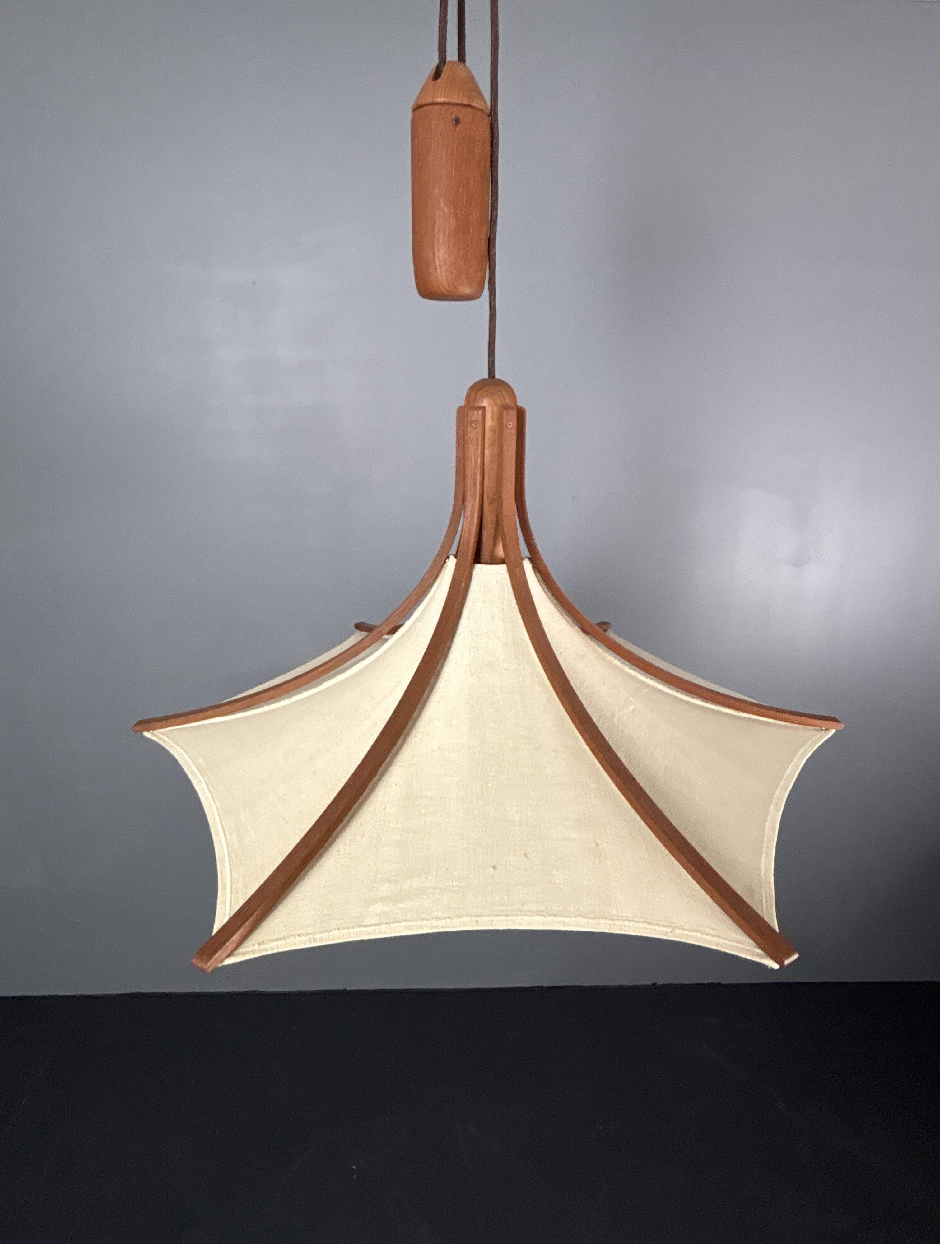 Teak And Linen Umbrella Counter Balance Pendant By Domus, 1970s