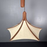 Teak And Linen Umbrella Counter Balance Pendant By Domus, 1970s