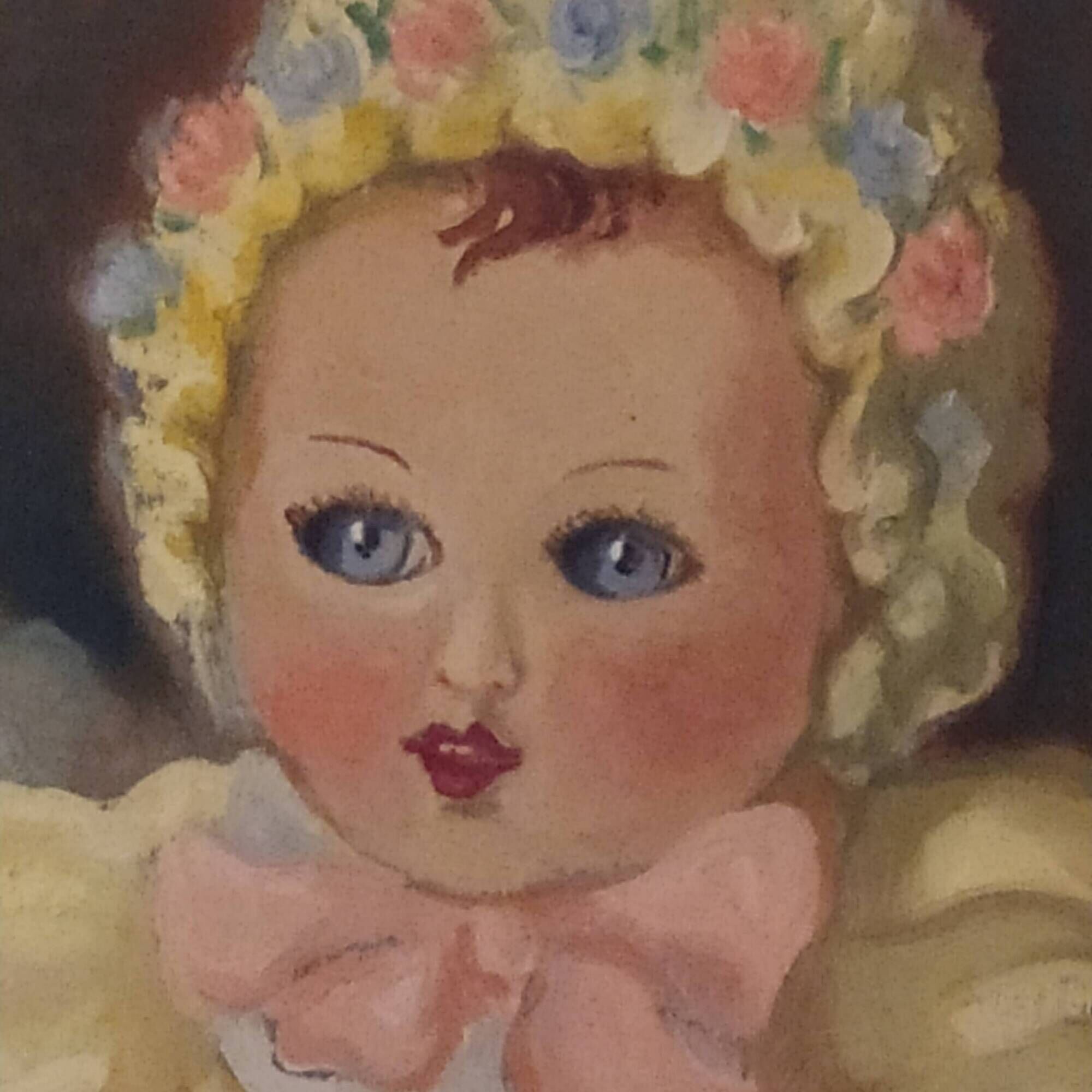 Oil on panel vintage 1930/1950 doll portrait