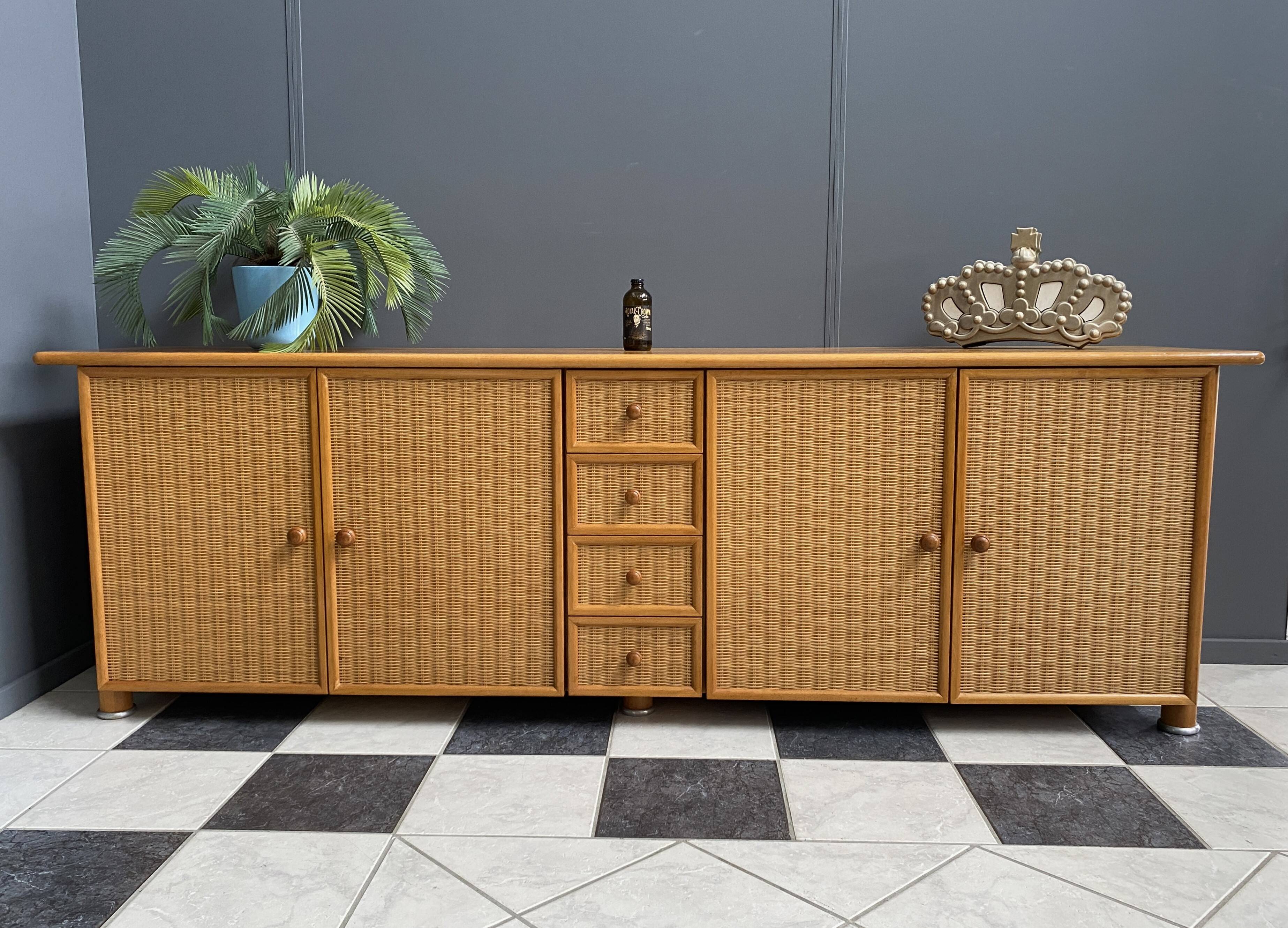Large blonde Wicker & wood webbing sideboard