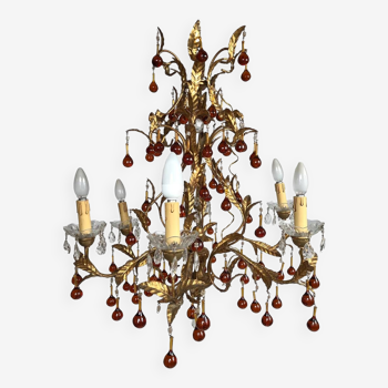 Chandelier in wood and gilded metal with six arms of light, pendants and amber pendants