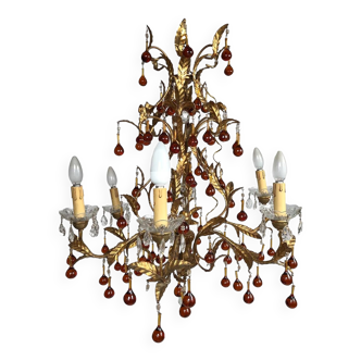 Chandelier in wood and gilded metal with six arms of light, pendants and amber pendants