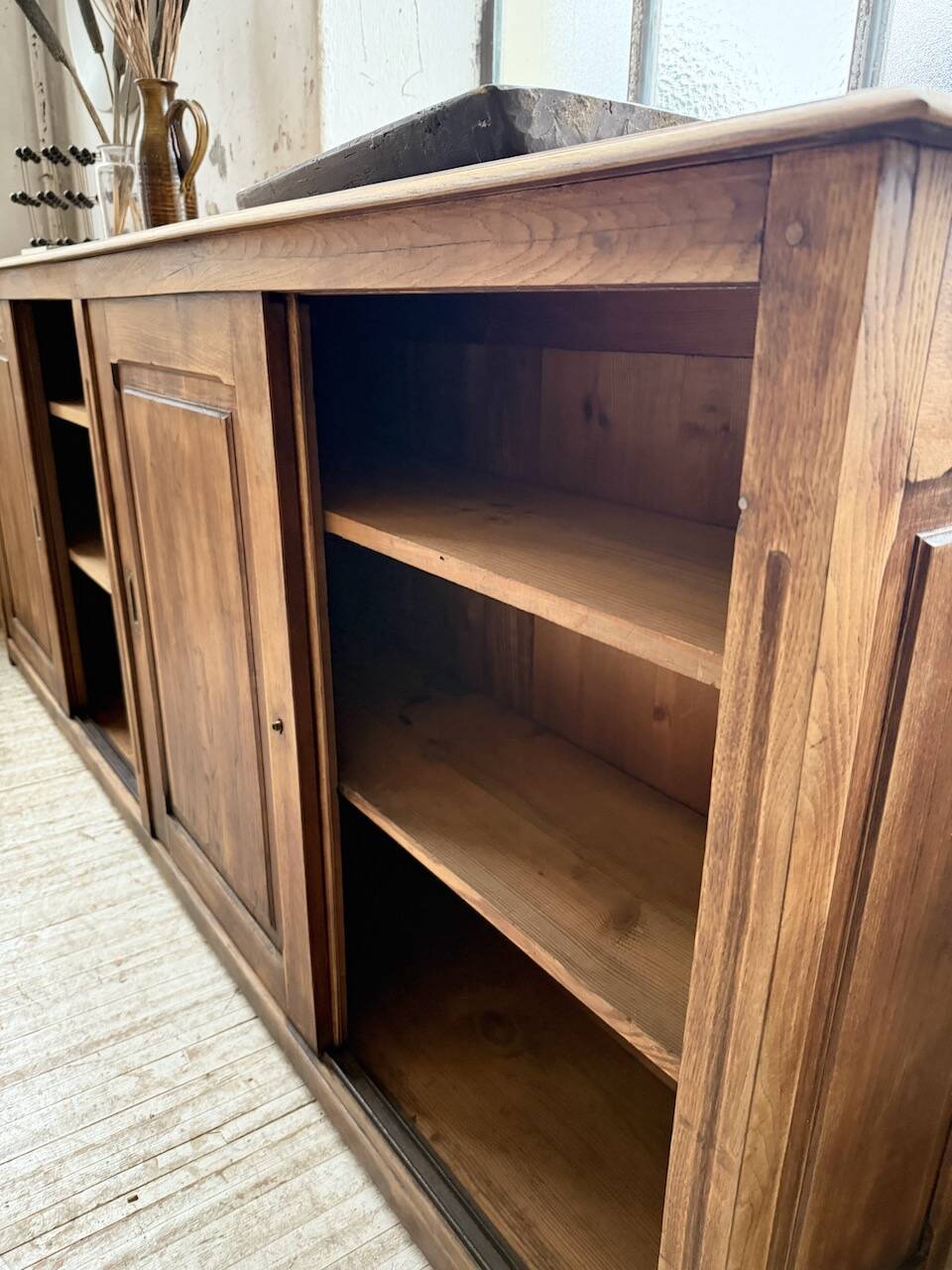 XL oak workshop sideboard with sliding doors from 1900