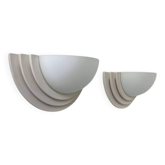 Pair of vintage geometric wall lights, plaster and sandblasted glass, France 1970.