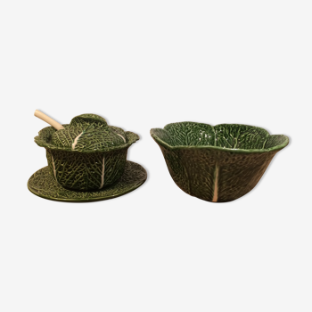 Ceramic cabbage service: salad bowl and tureen