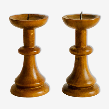 Pair of Scandinavian candle holders in turned wood